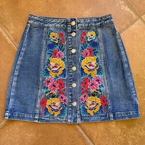 Signature8 Embroidered Floral Denim Button Front A-Line Mini Skirt size S-M